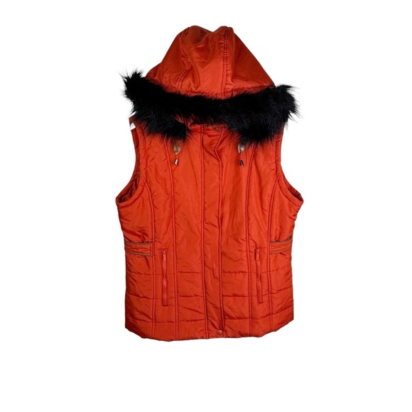 NEW Sporto Orange Rust XL Longline Quilted Jacket Vest Faux Fur Trimmed Hood - Picture 2 of 14